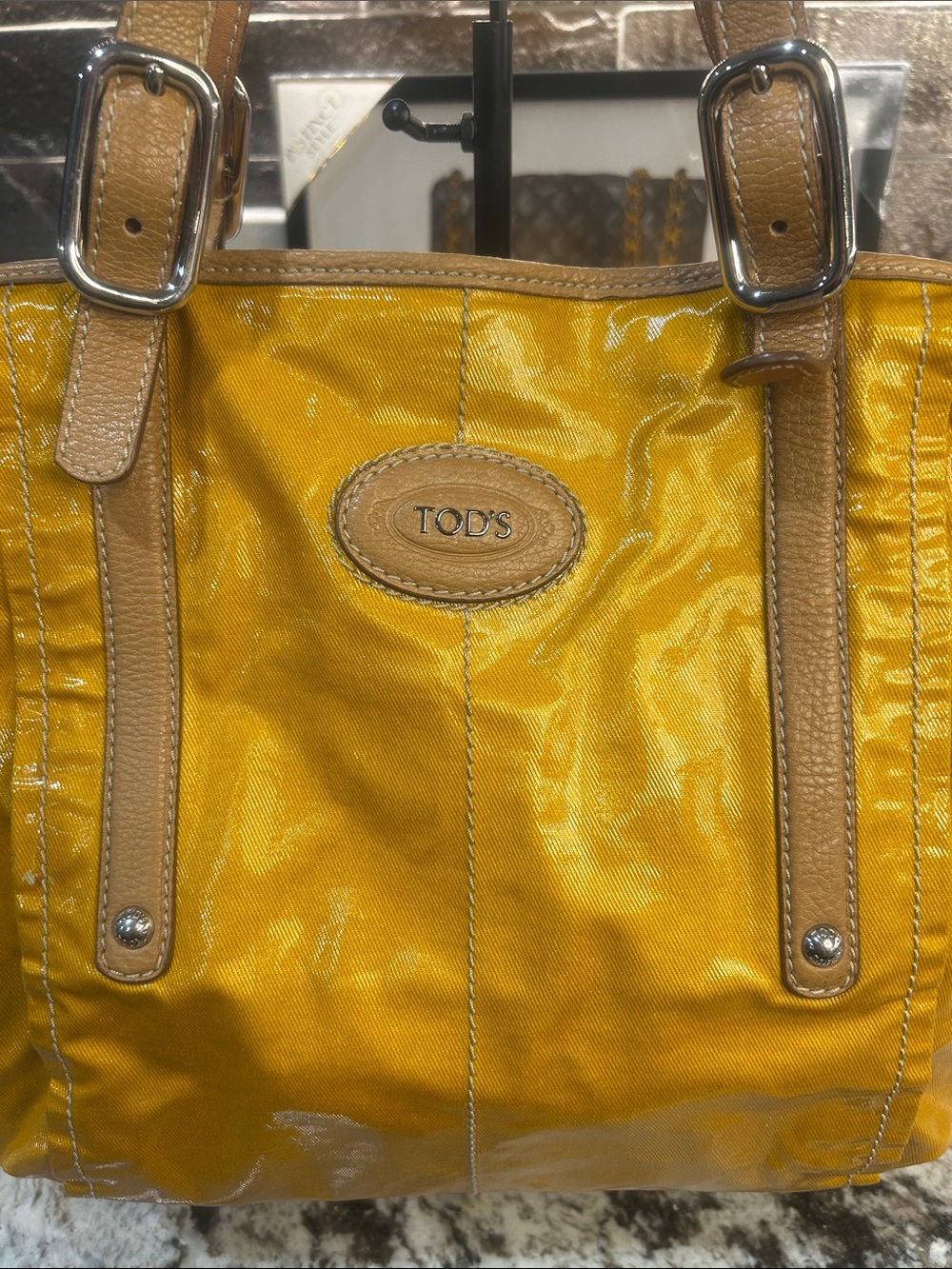 TOD'S Yellow Patent Tote with Tan Leather Accents